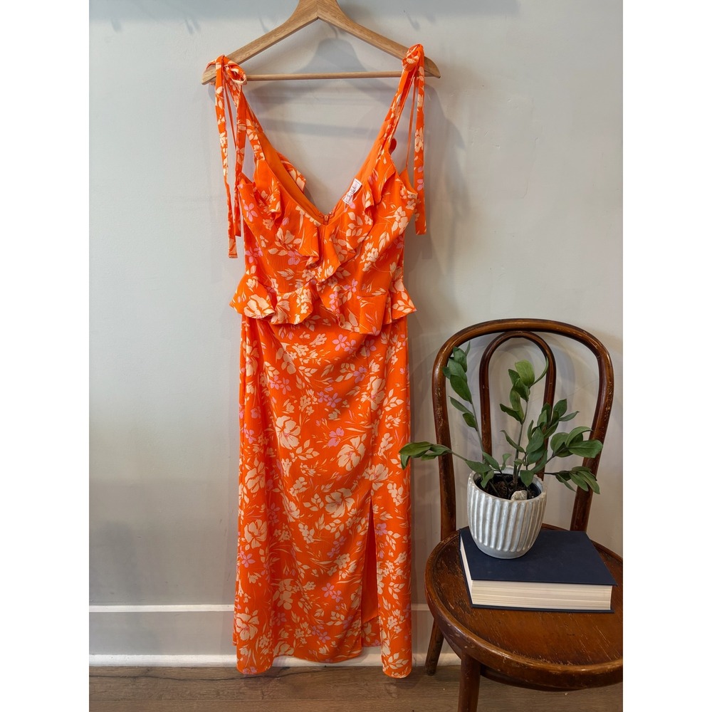 Sage The Label Orange Floral Ruffle Peplum Maxi Dress Tie Strap Small